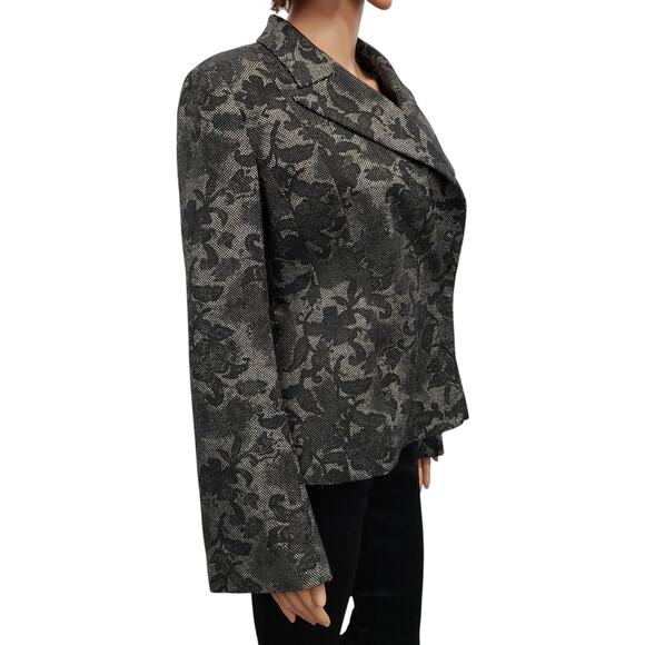 H&M Floral Fitted Blazer Jacket Flare Bell Sleeve Snap Closure Lined Black 8 - Picture 5 of 11